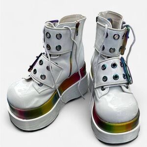 White Demonia Platform Holographic Rainbow Boots – Size 9